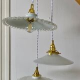 Three-light cascading pendant lamp with vintage white opaline lampshade