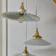 Three-light cascading pendant lamp with vintage white opaline lampshade