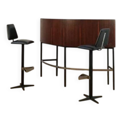 Bar en palissandre du milieu du XXe siècle avec tabourets de bar