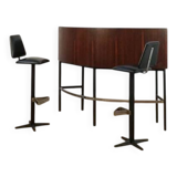Bar en palissandre du milieu du XXe siècle avec tabourets de bar