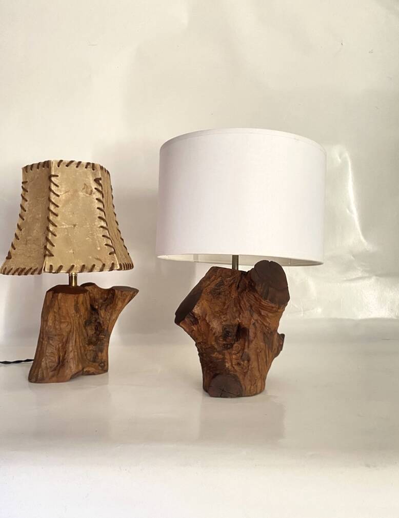 Brutalist wooden lamp, new 2M fabric cable, lampshade