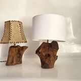 Brutalist wooden lamp, new 2M fabric cable, lampshade