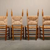 Spanish brutalist rustic Dining Chairs in Oak and Rush