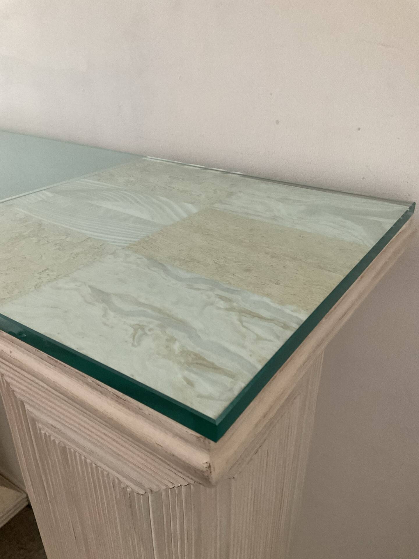 Console vintage en travertin, bois et verre