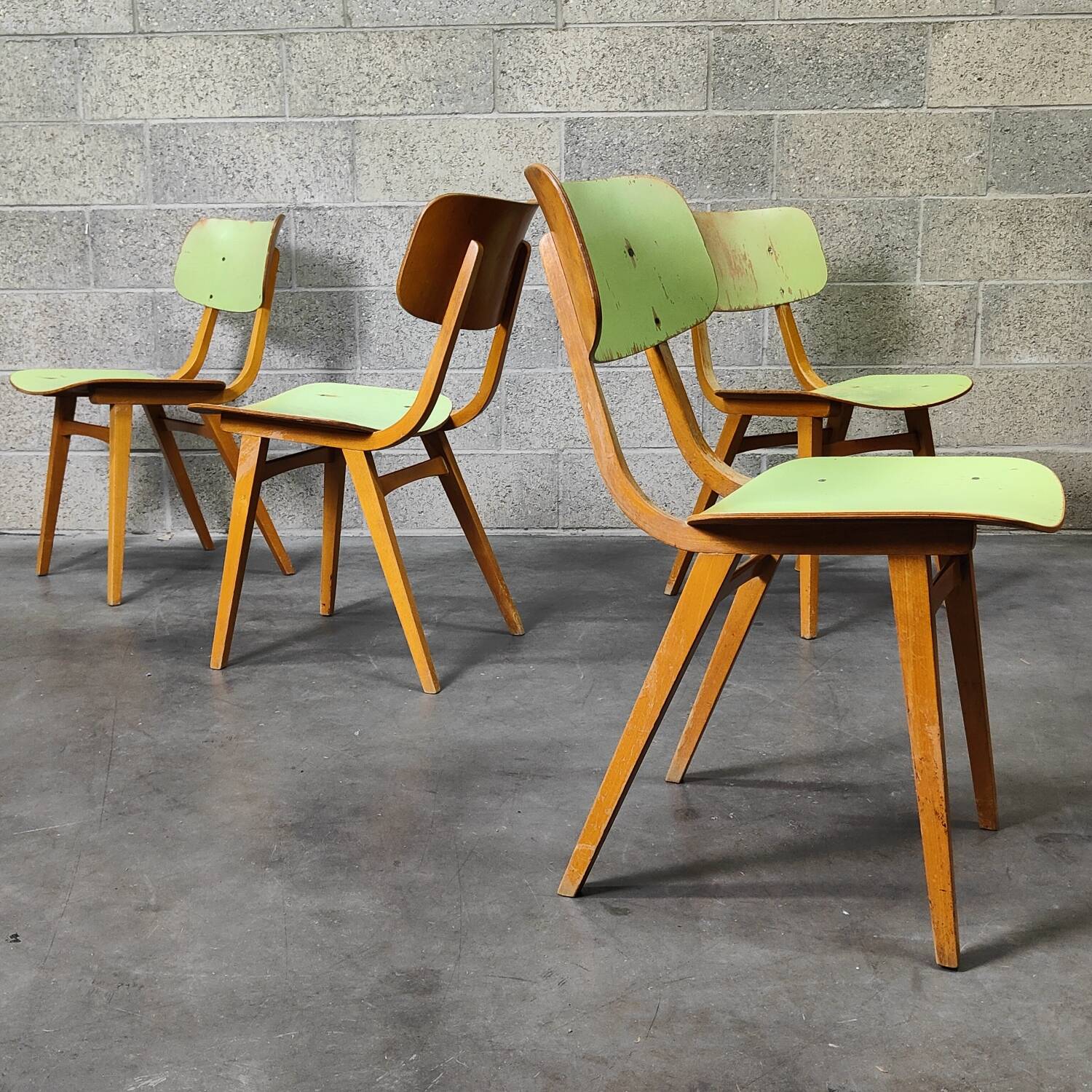 Set of 4 Tatra Nabytok green wood chairs 1960