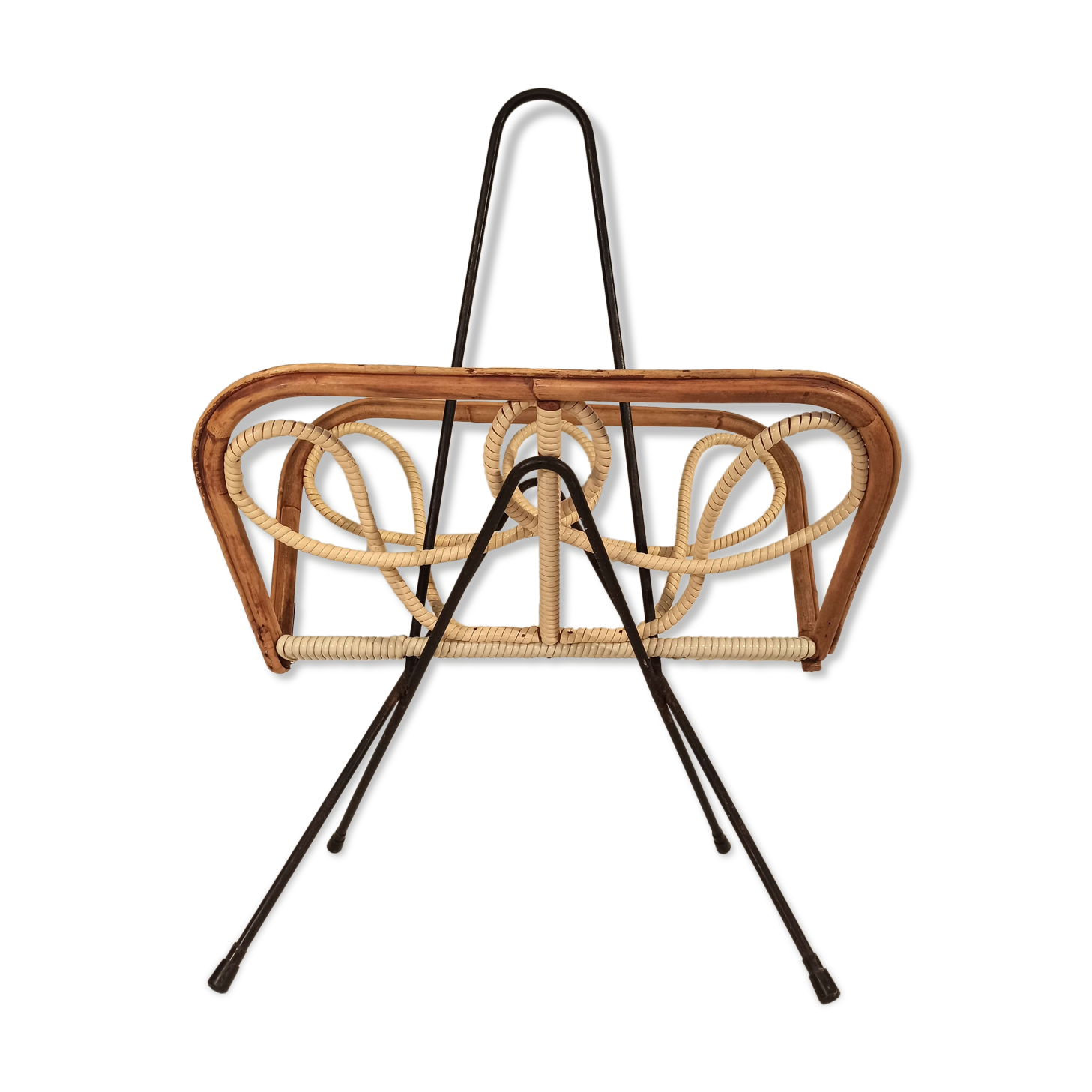 Porte vintage magazine rattan ratin white scoubidou and black metal trample