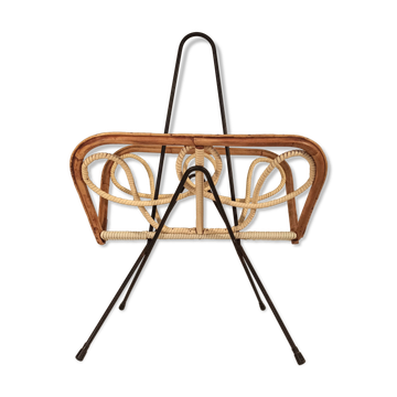 Porte vintage magazine rattan ratin white scoubidou and black metal trample
