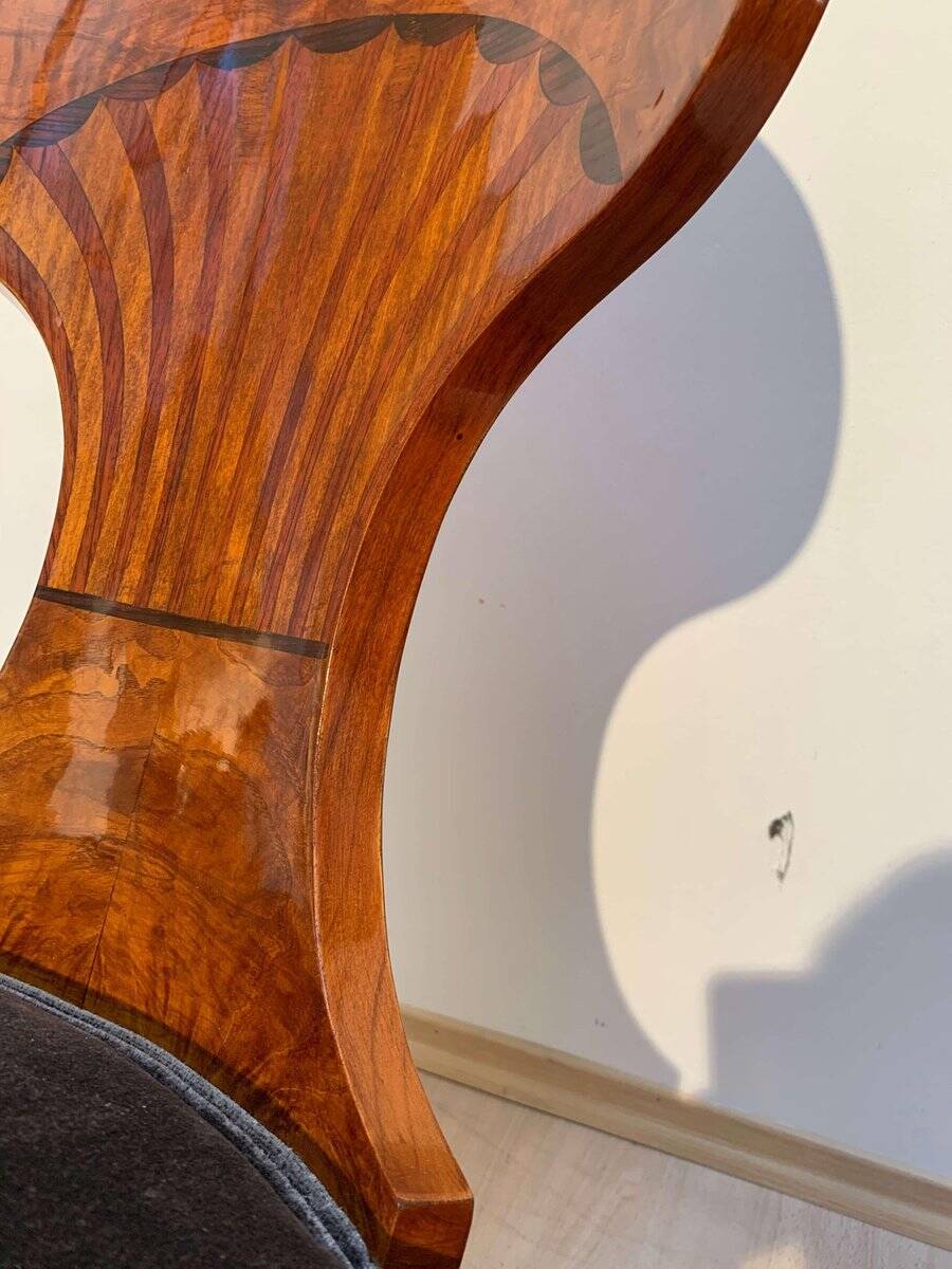 Biedermeier Ballon Chairs, Ash Veneer, Grey Velvet, Vienna, 1900, Set of 4