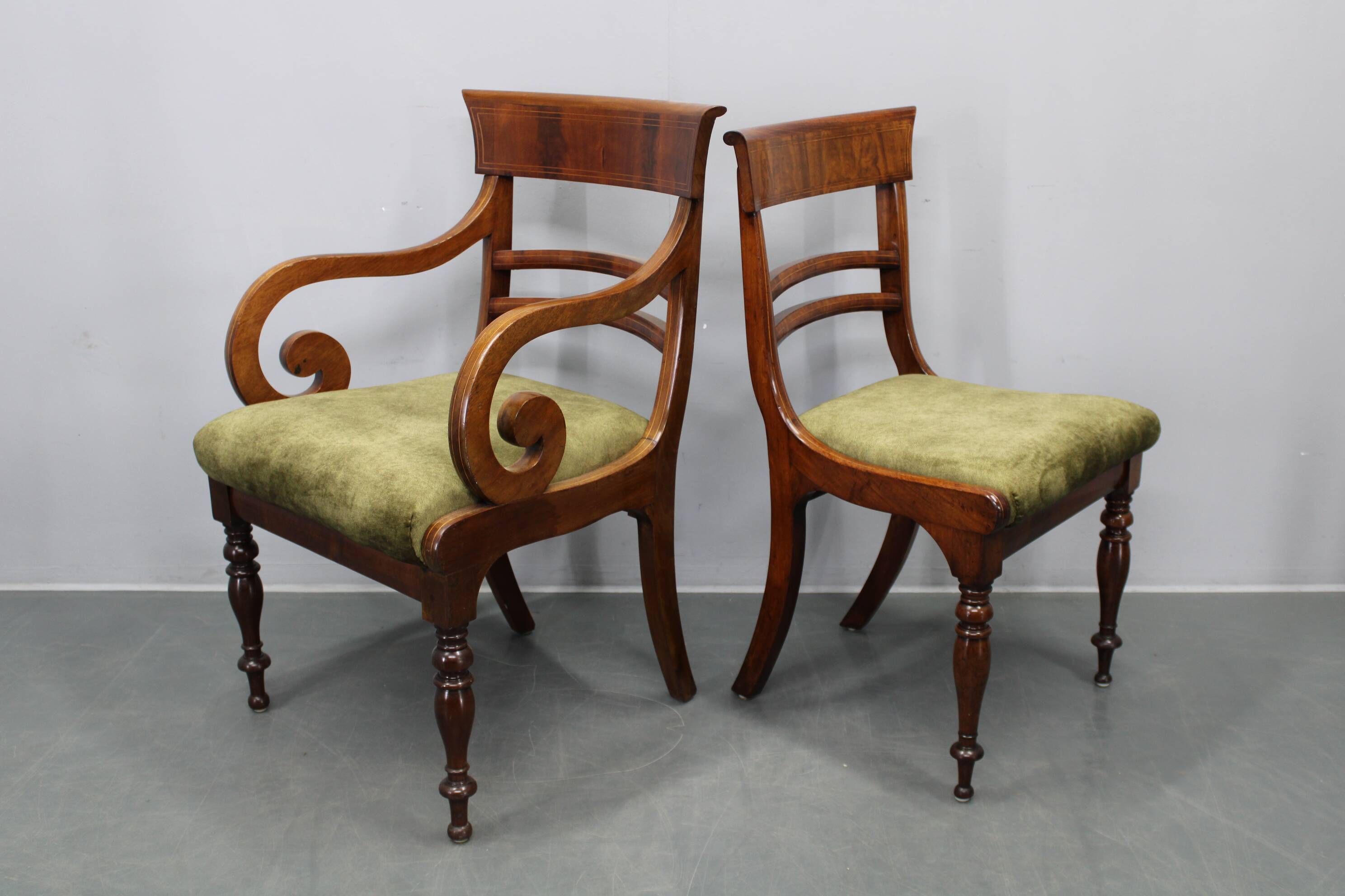 French Art Deco walnut dining chair set with armchairs, France 1930s