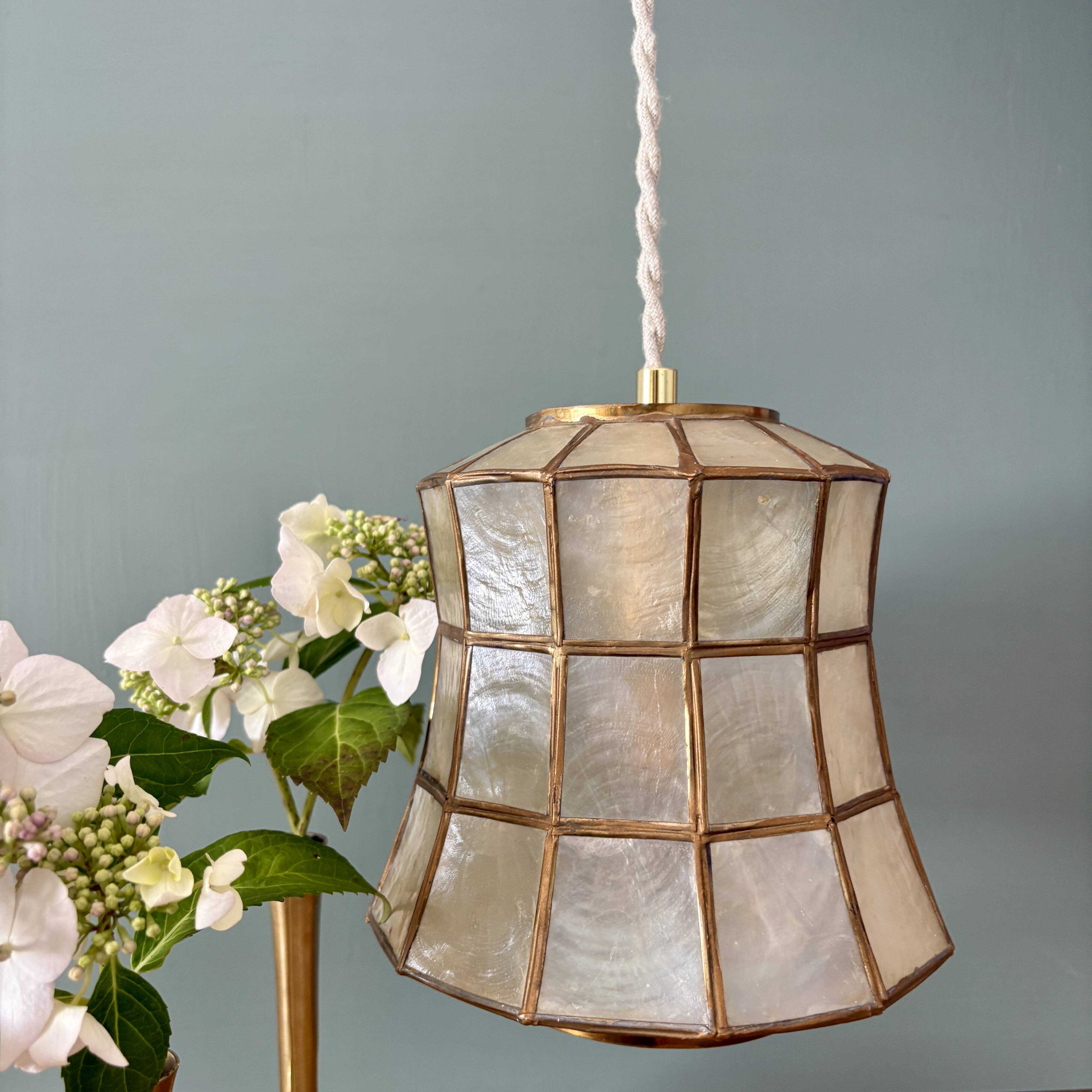 Vintage mother-of-pearl and brass lampshade pendant light
