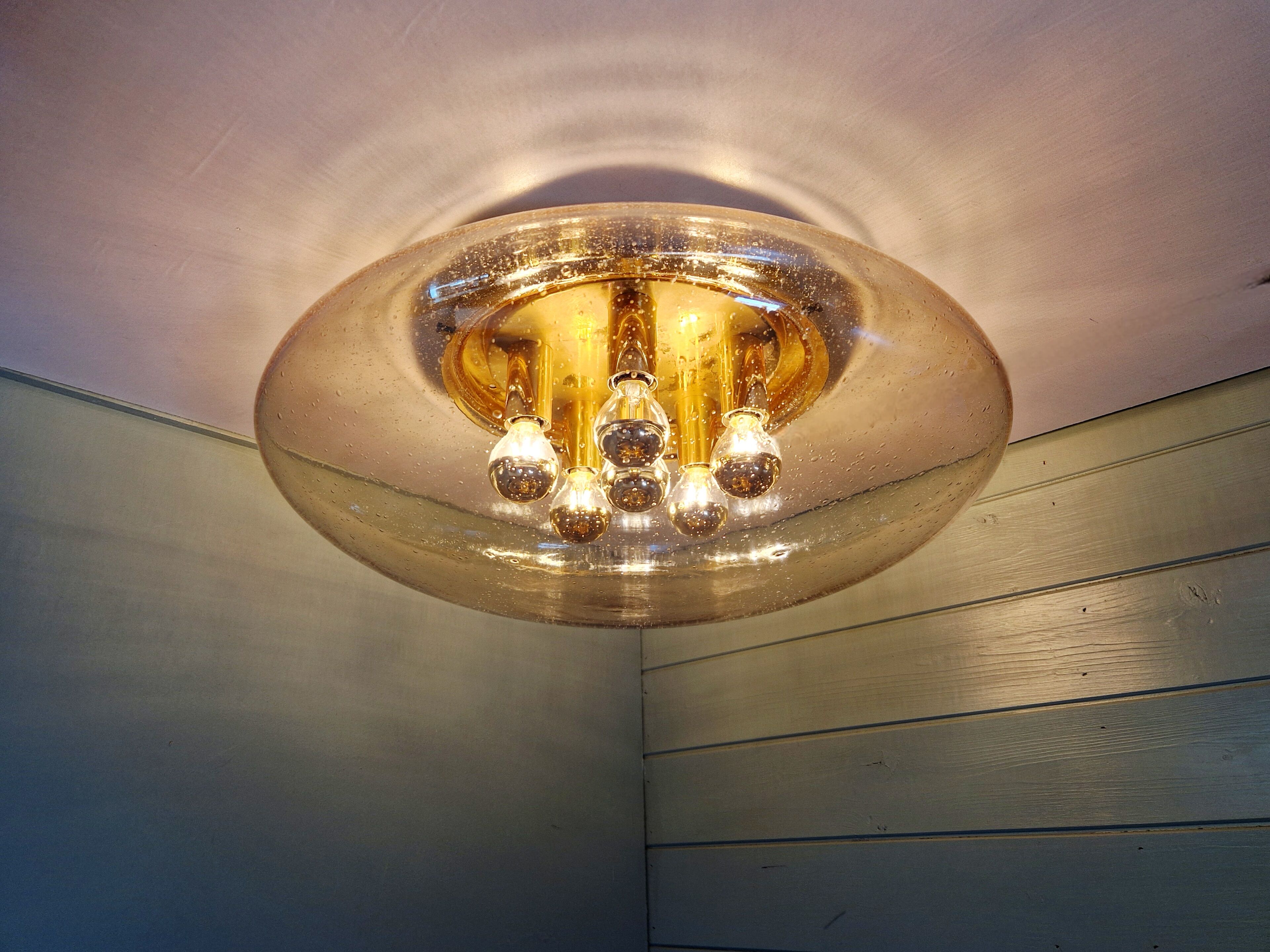 Large brass and blown bubble glass ceiling light, Glashütte Limburg, 1970.