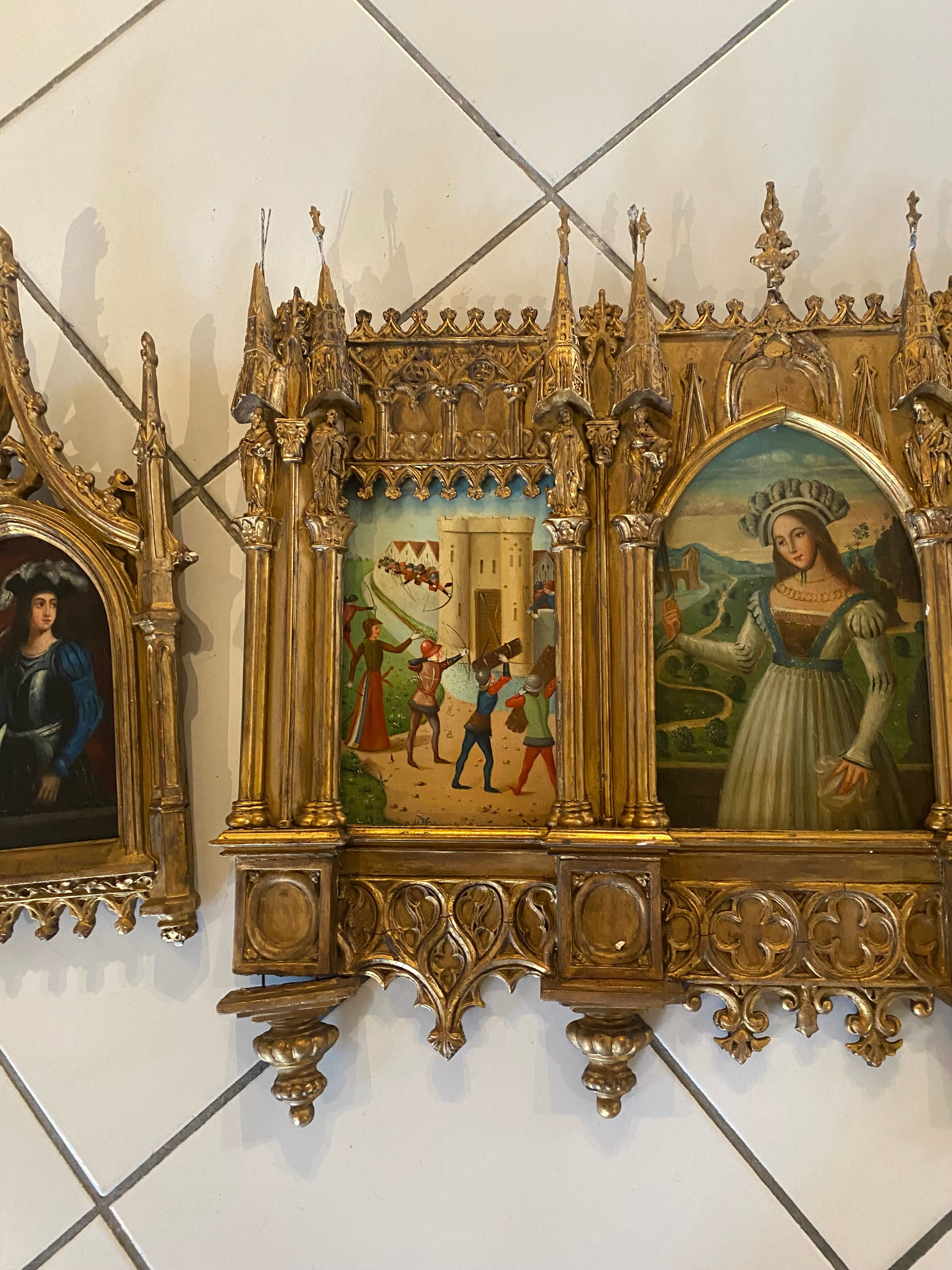 Neo-Gothic triptych in gilded wood