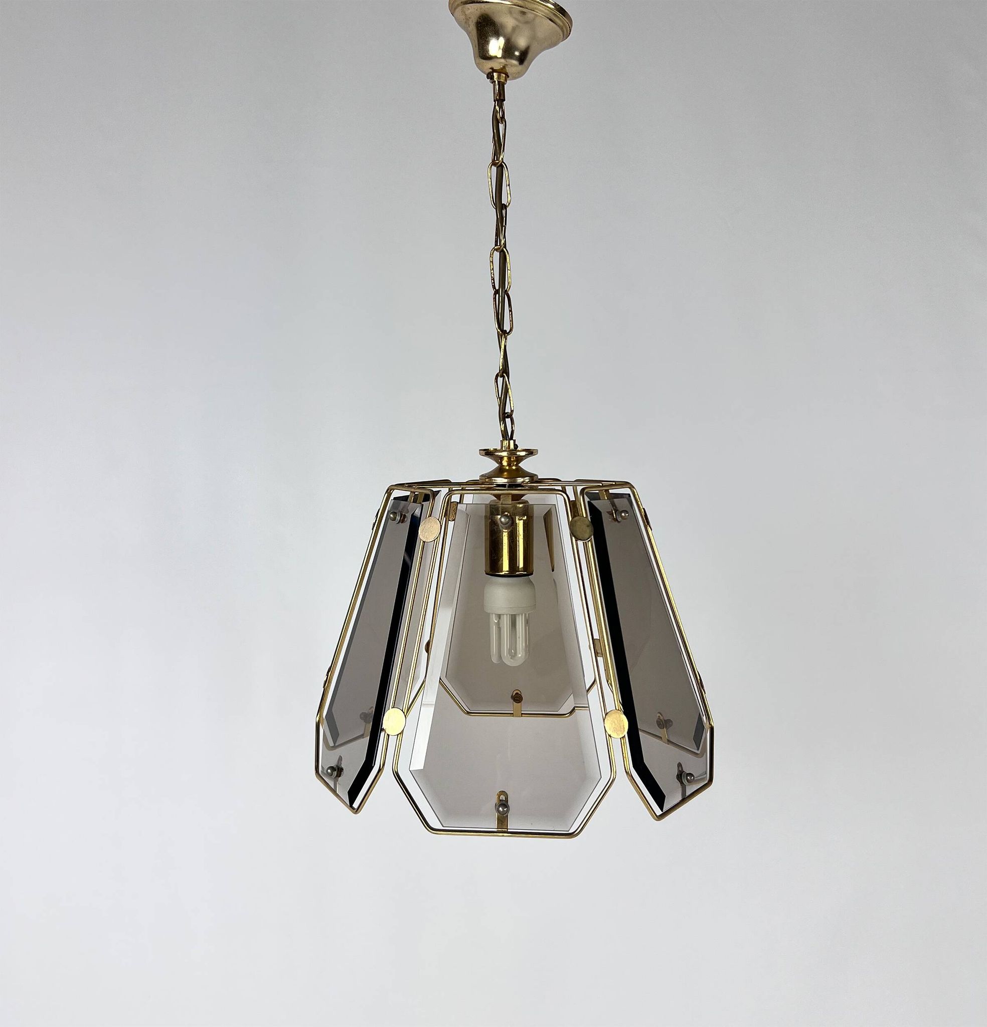French Brass and Smoked Glass Hal Pendant, 1970s