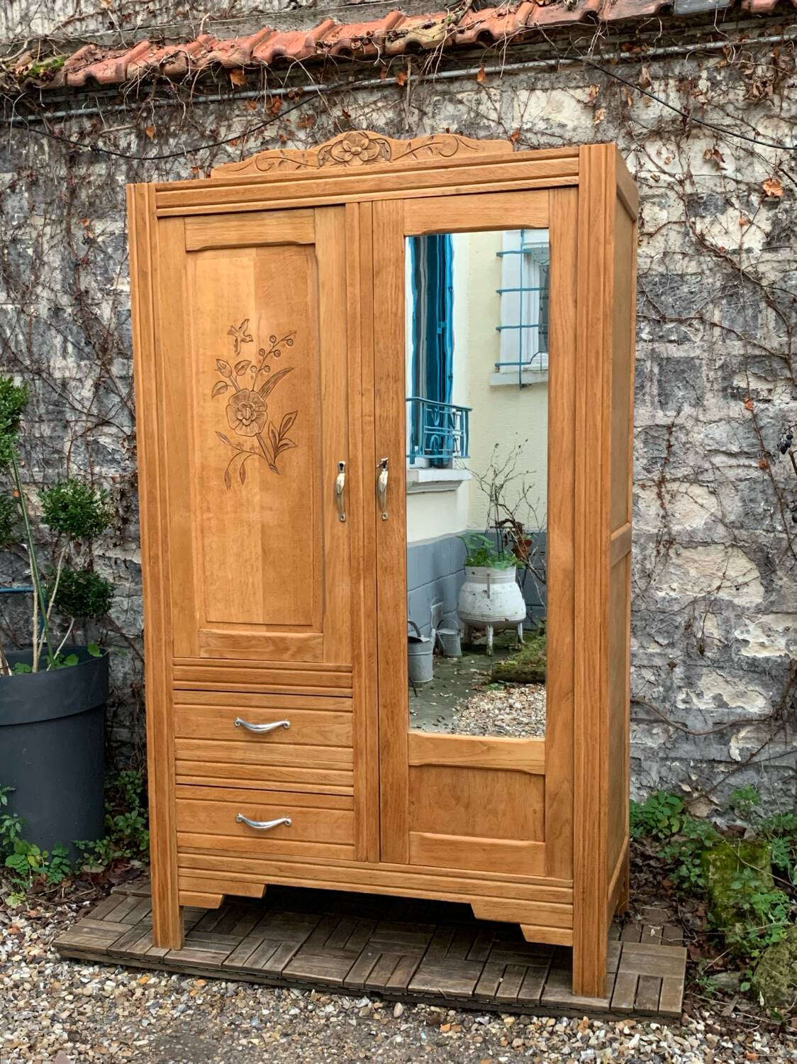 Parisian art deco hotel wardrobe in solid raw oak 1930