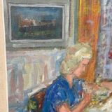 Original mid-century Swedish oil on canvas – “Family” by Eric With – vintage & framed – 75 × 91 cm (29.5" × 35.8")