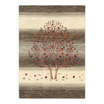 Hand-Knotted Wool Area Rug for Living Room, Tree Design Beige and Brown Carpet