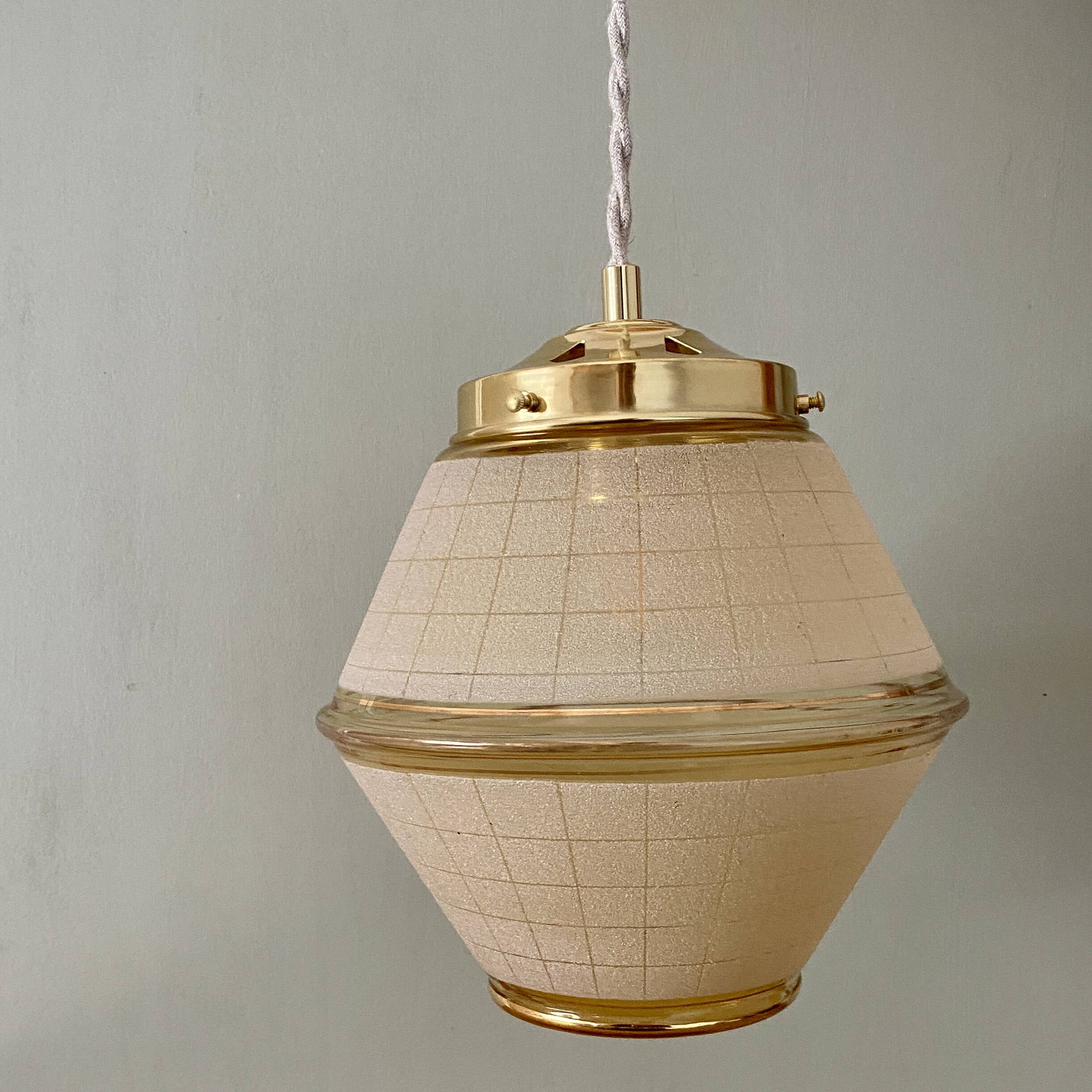 Vintage art deco globe pendant light in yellow and gold granite glass