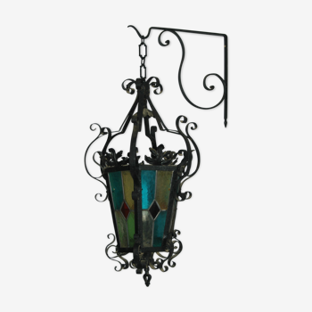 neo Gothic wrought iron stained-glass lantern