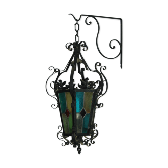 Lanterne vitrail néo gothique fer forgé