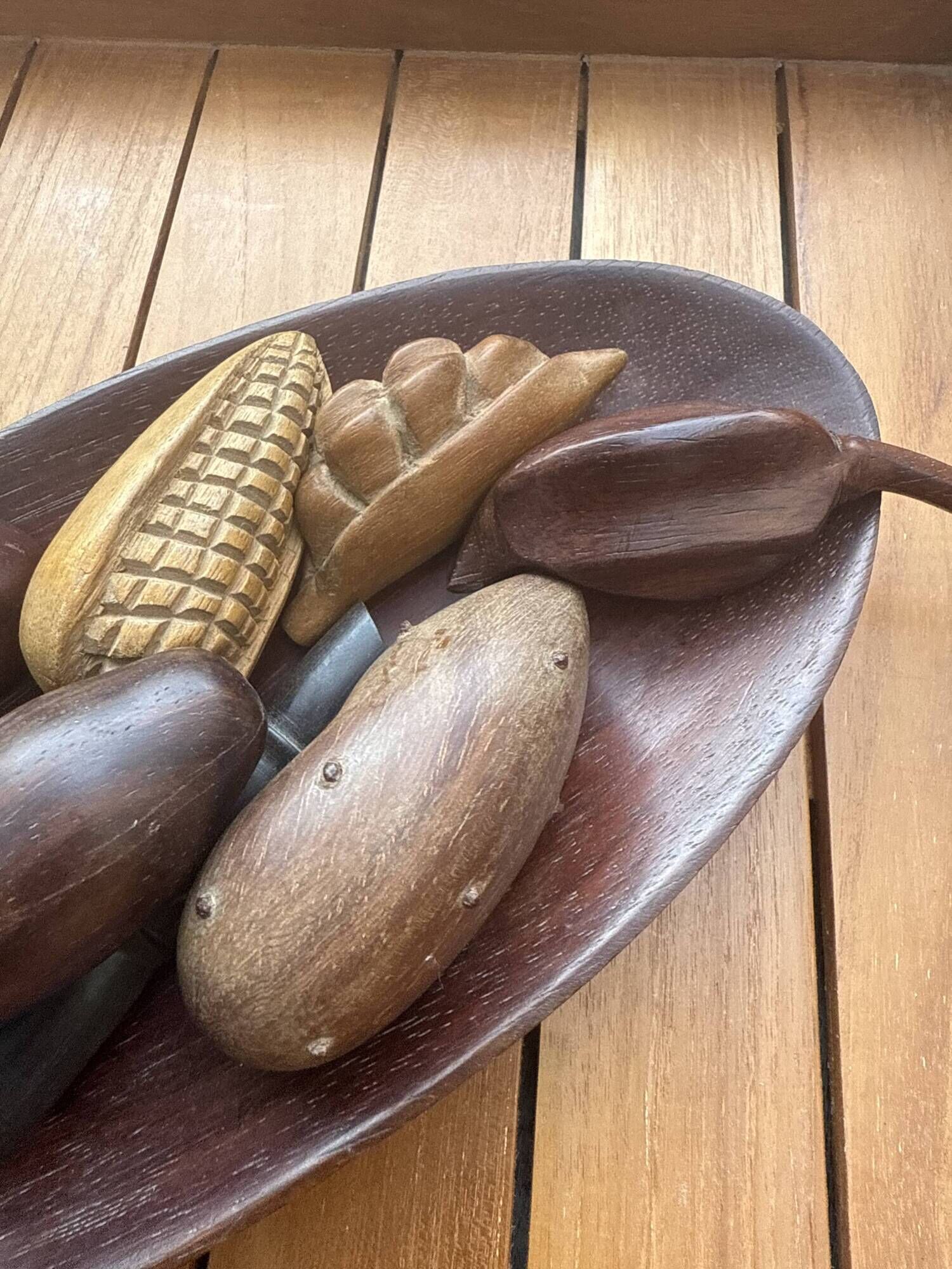 Large vintage carved wooden bowl with decorative fruits – 1970s