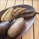 Large vintage carved wooden bowl with decorative fruits – 1970s