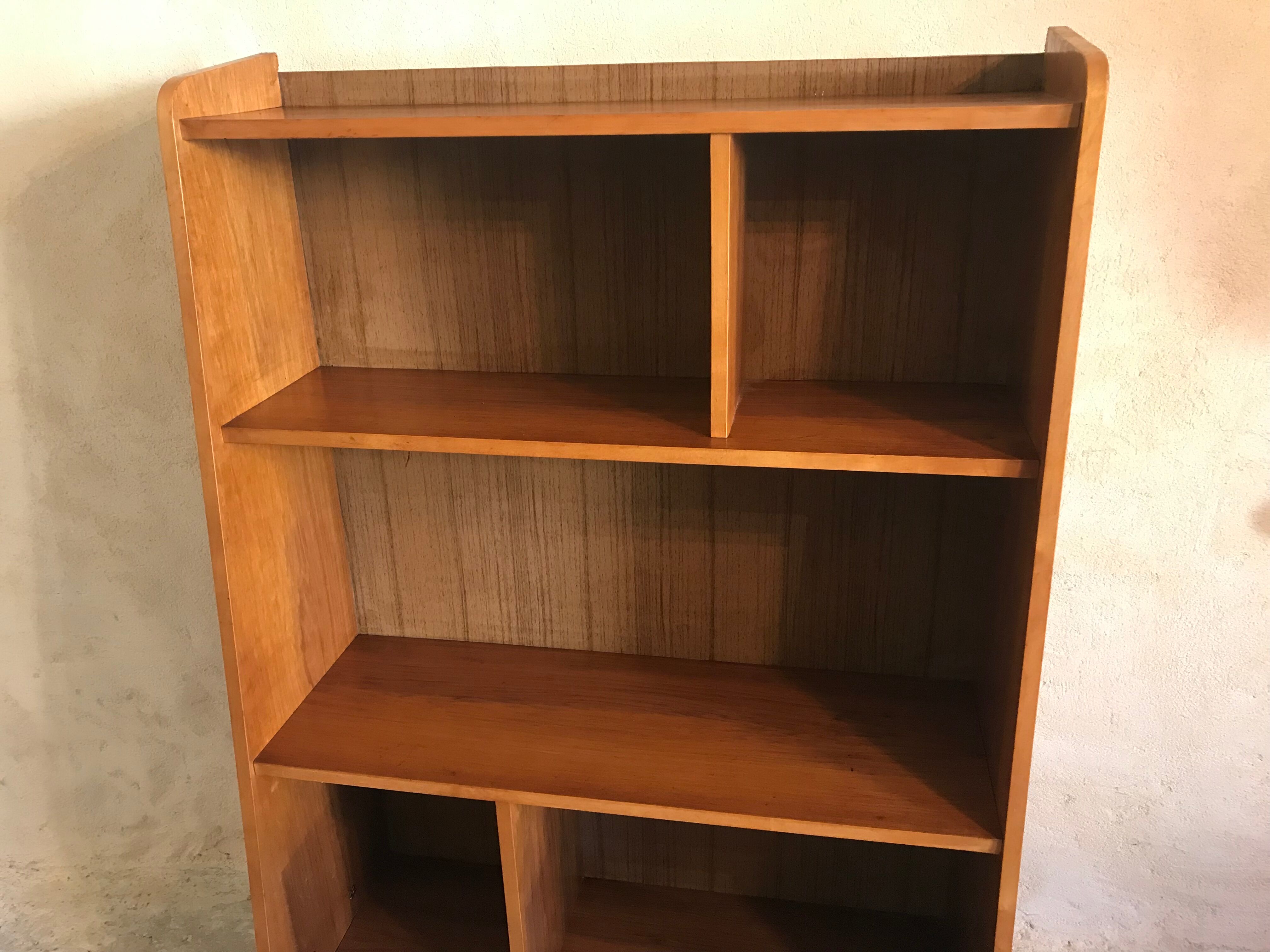 1960's vintage bookcase blond walnut and compass feet