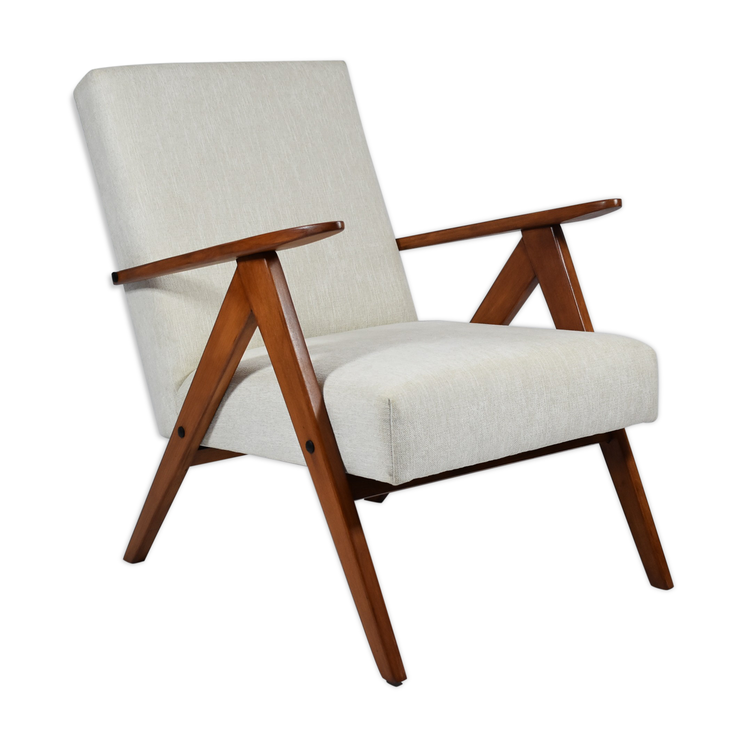 Fauteuil scandinave vintage, années 1960, tissu beige entièrement rénové