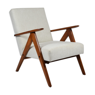 Fauteuil scandinave vintage, années 1960, tissu beige entièrement rénové