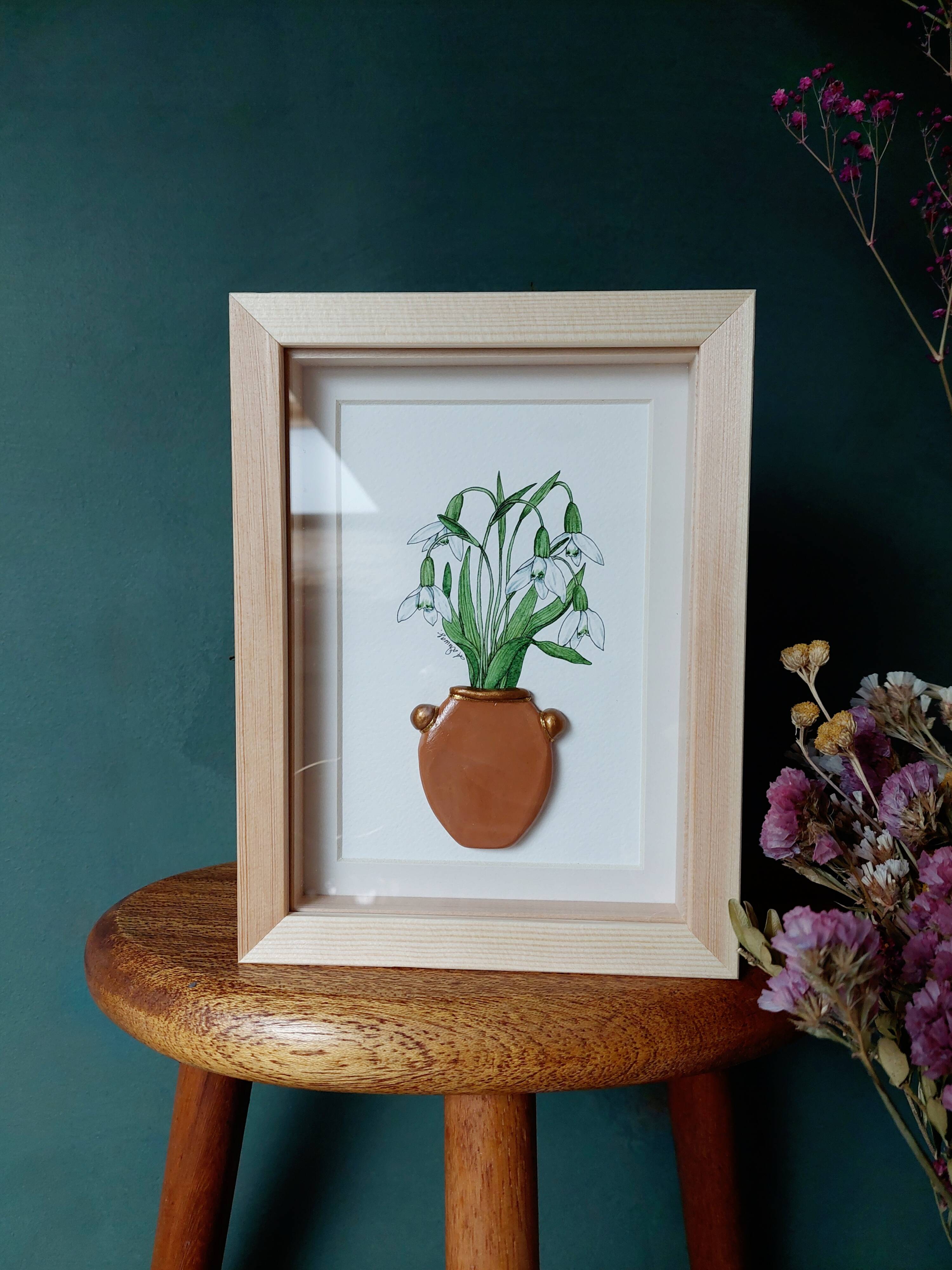 Original floral watercolor composition and handmade clay
