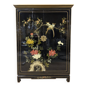 Vintage Chinese black lacquer cabinet with birds and flowers bohemian