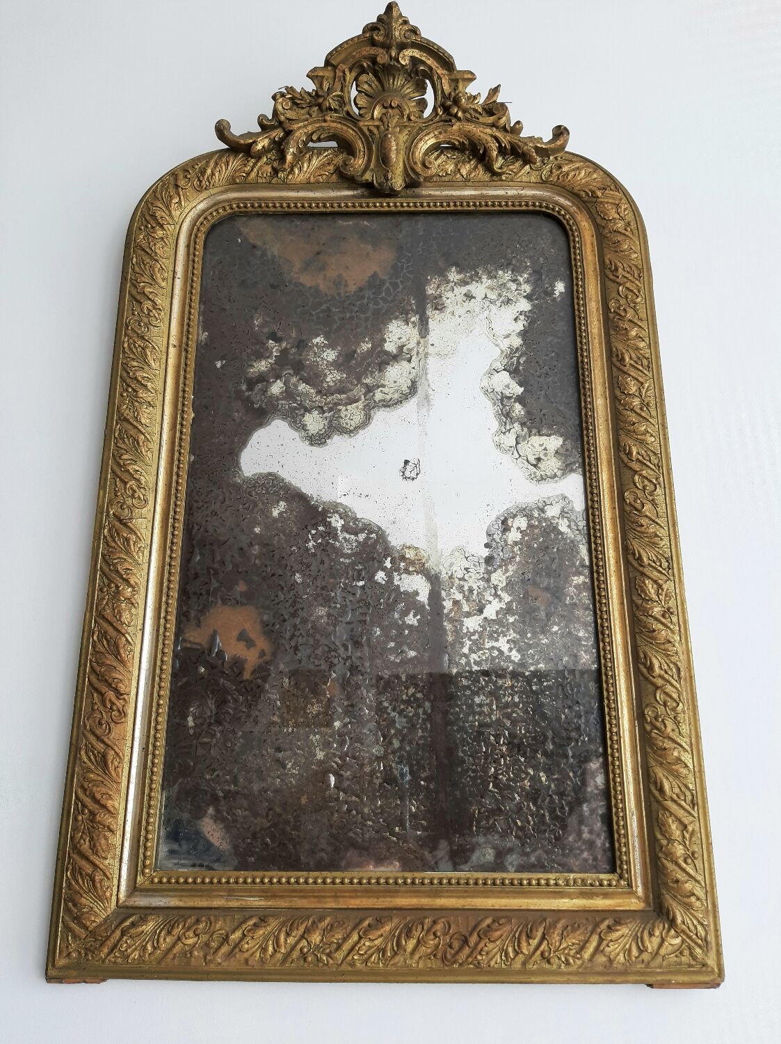 Large Louis Philippe mirror with antique mercury pediment, height 107cm, vintage