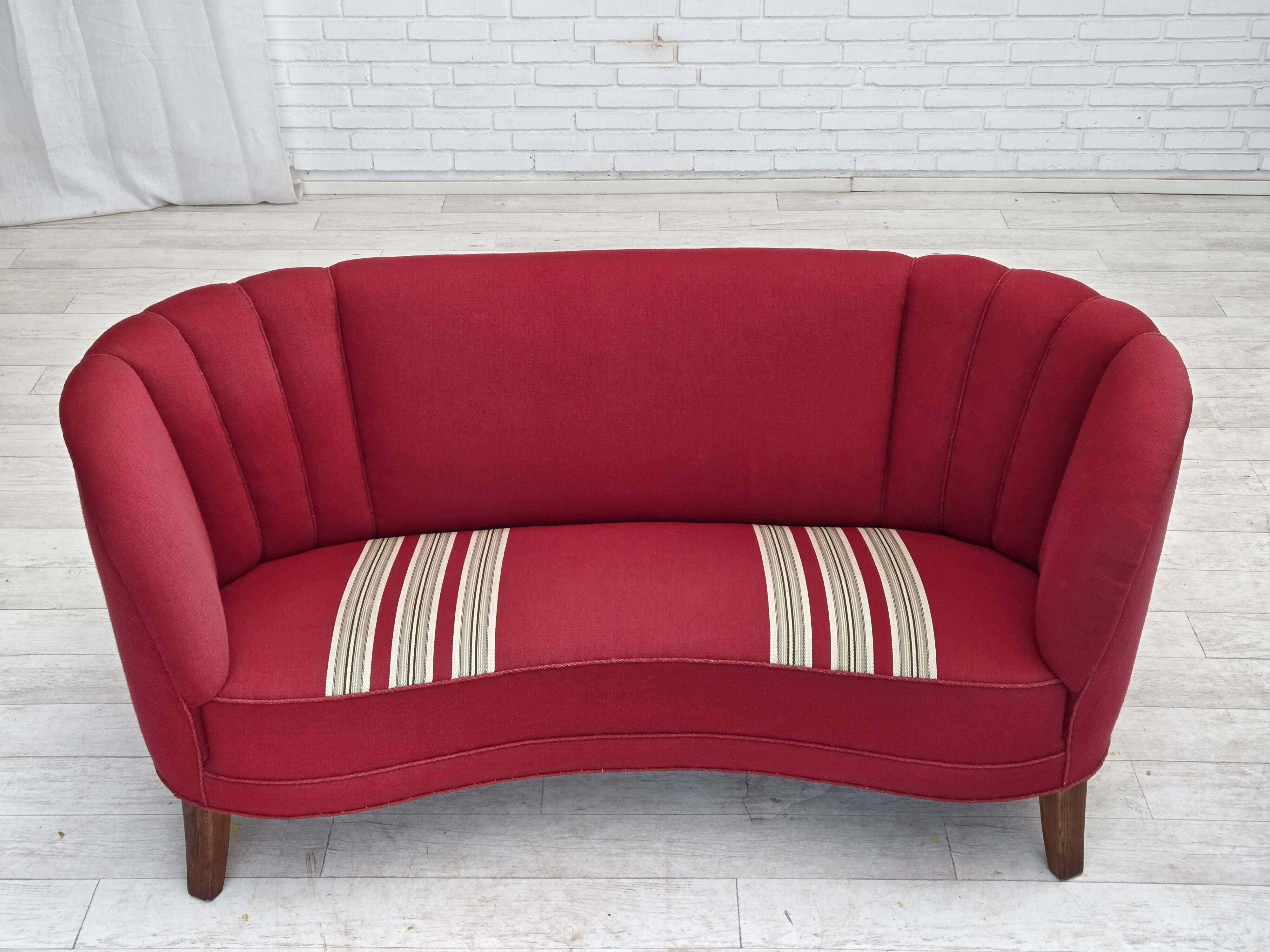 1960s, Danish 2-seater "Banana" sofa, furniture wool, oak wood legs.