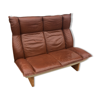 Scandinavian vintage leather and linen sofa