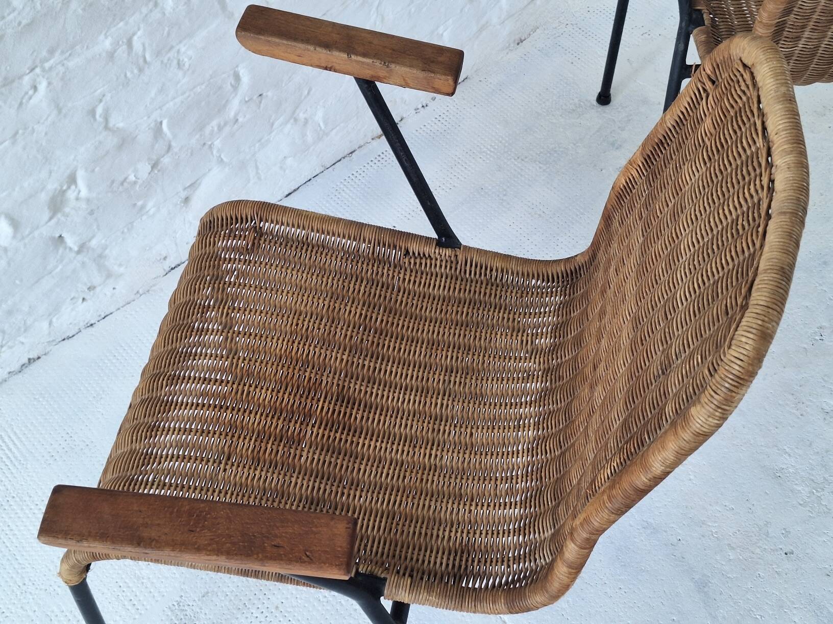 Pair of Swiss stackable rattan and iron dining elbow chairs, G Legler 1960s