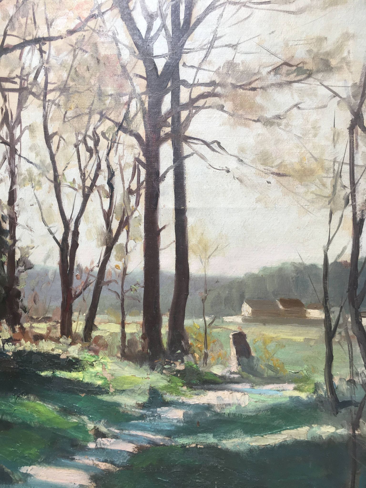 Tableau HST "Paysage de sous bois", sentier ensoleillé en forêt