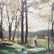 Tableau HST "Paysage de sous bois", sentier ensoleillé en forêt