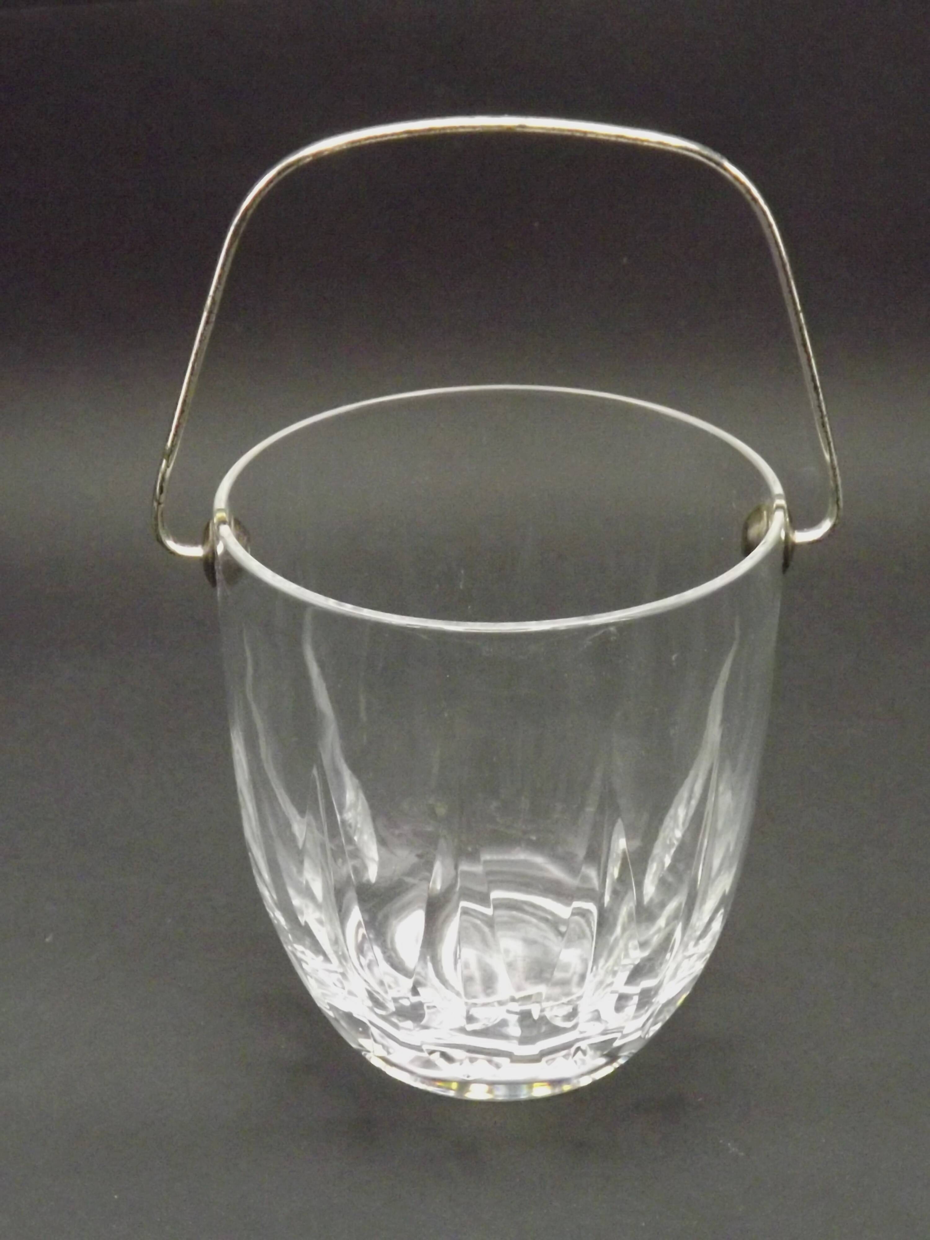 Vintage French heavy cut glass ice bucket with silver metal carry handle 4504.