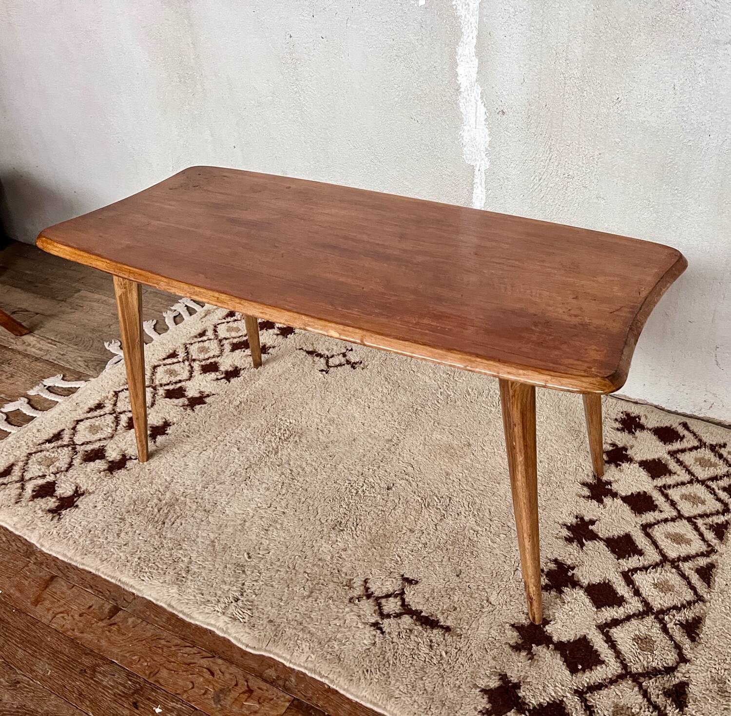 Oak coffee table, foot, compass. rockets. free form vintage old