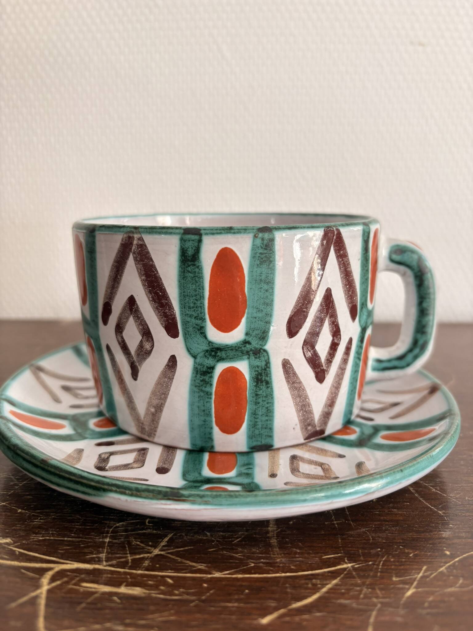 Old Pair of Ceramic Cups Vallauris by Auguste Fazio Pottery 1950 Geometric