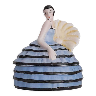 Powder box or jewelry porcelain lady blue crinoline and fan
