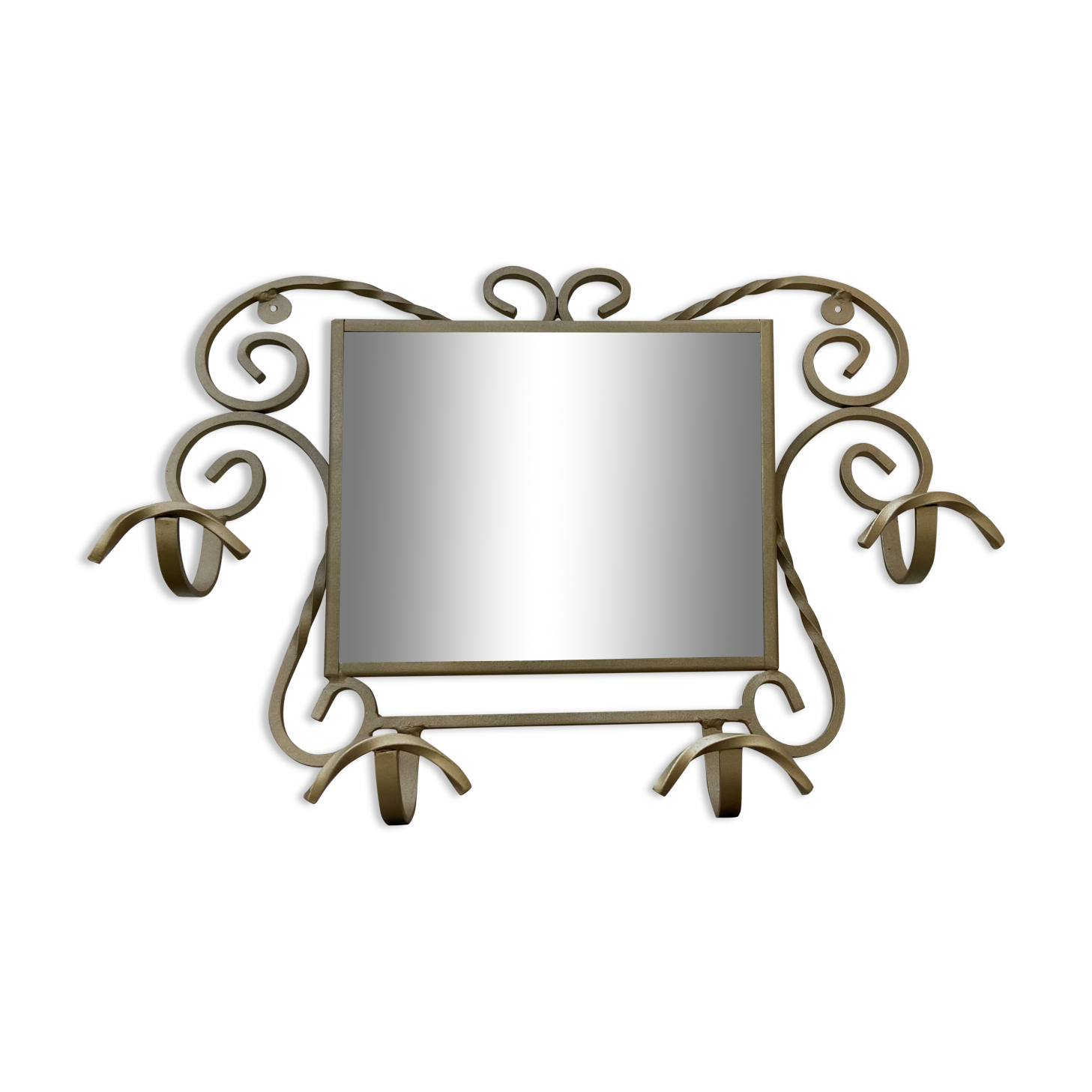 Wall-mounted gilded wrought iron coat rack with mirror