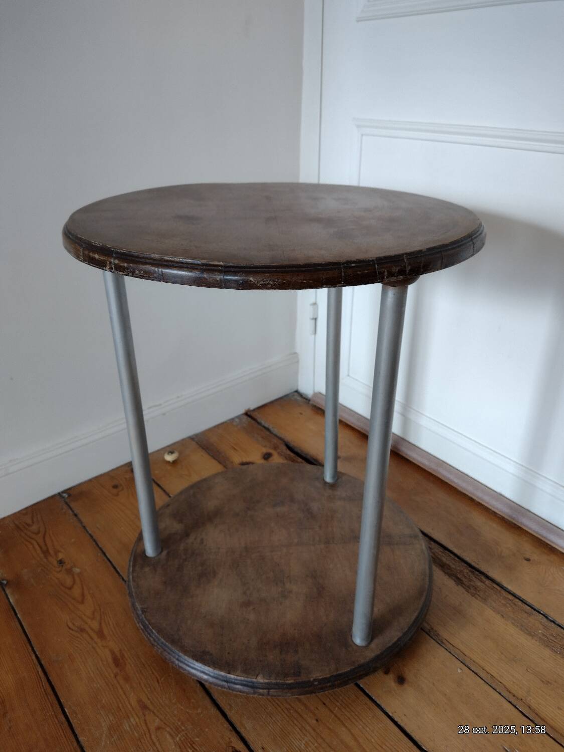 Table basse guéridon sellette vintage art déco tube métal plateau bois