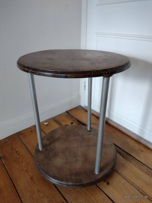 Table basse guéridon sellette vintage art déco tube métal plateau bois