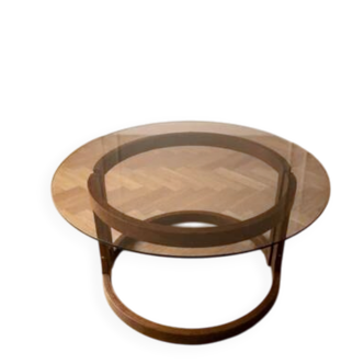1970s Vintage Round Coffee Table with Smoked Glass Top