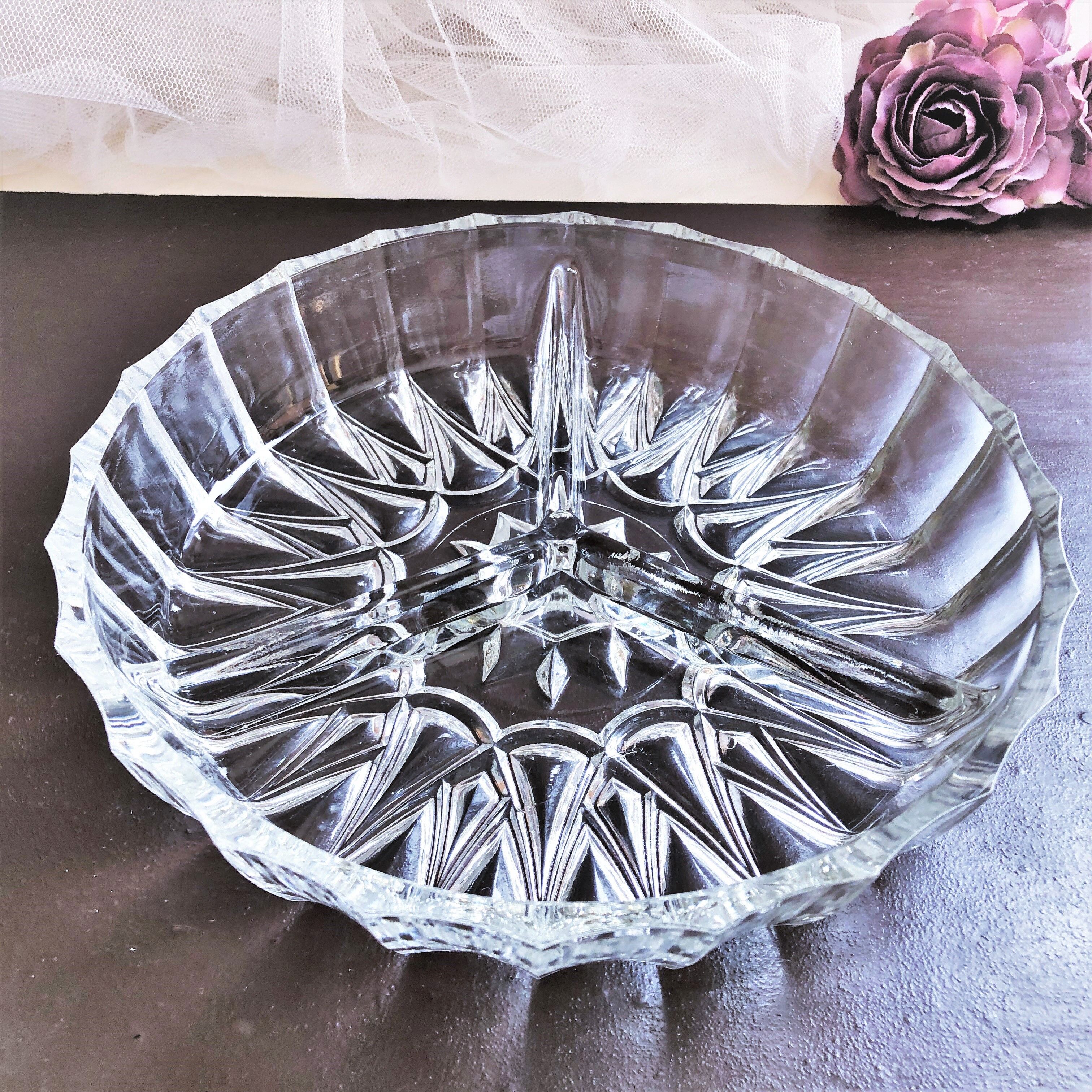 Serving dish called "beggar" with 3 compartments cut glass