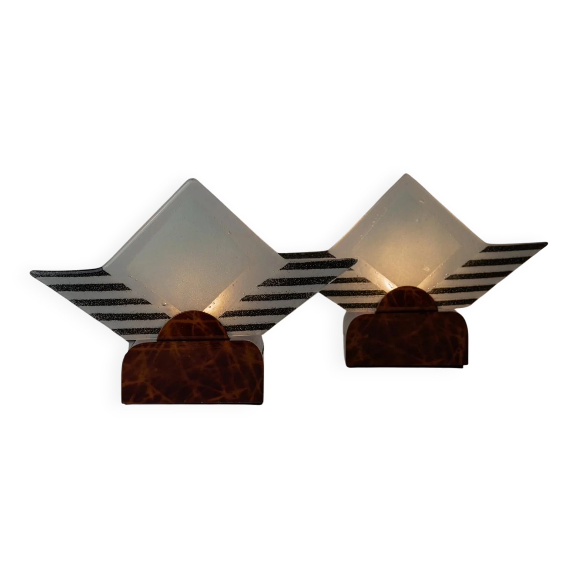 Pair of vintage Murano glass table lamps - sculptural design, triangles and stripes, brown metal bases - Italy 1980s - bedside lamps