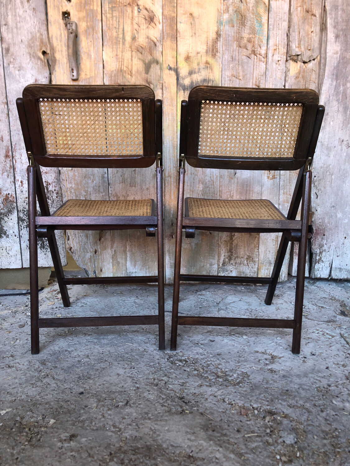 Pair of wood folding chair and vintage cannage #a084