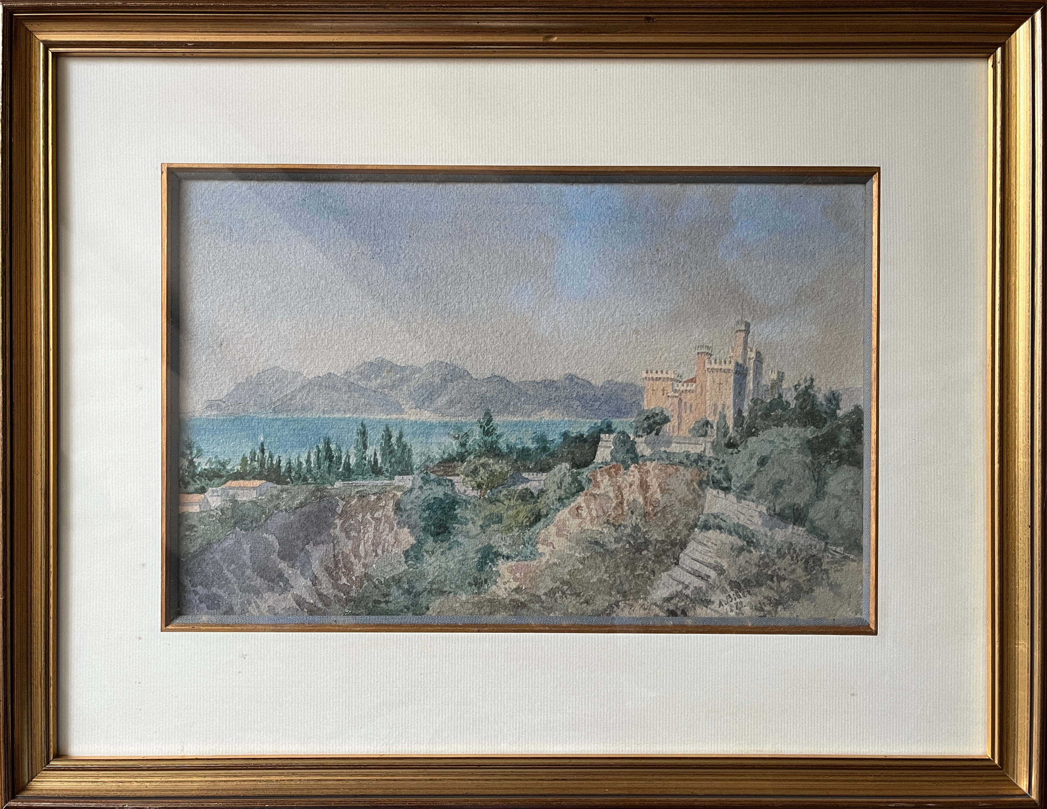 Tableau aquarelle originale "Cateau de la Napoule A. Biber 1879 Alpes maritimes