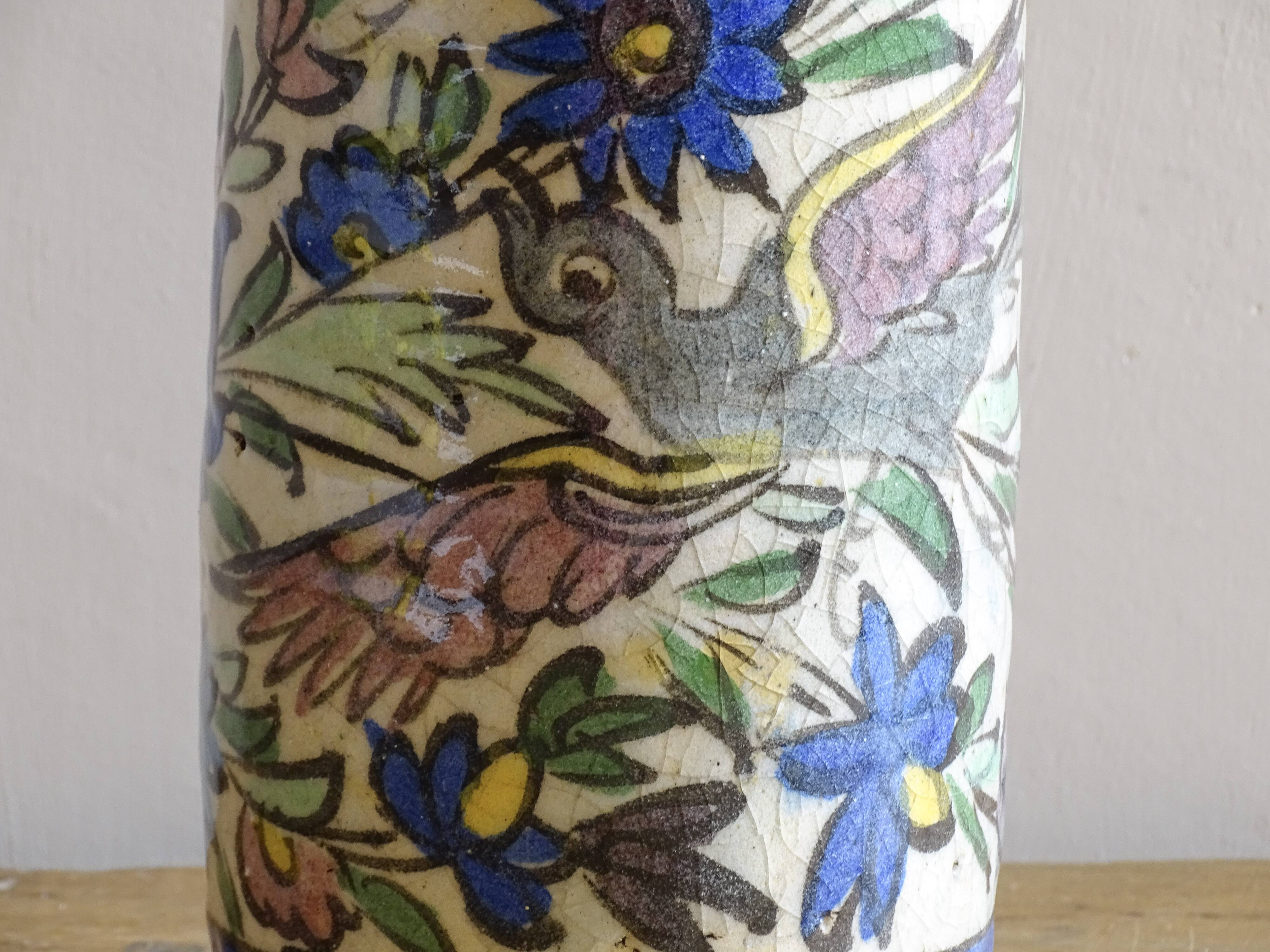Antique Iznik Style Pottery Bottle with Birds, Ottoman Revival Ceramic Vase