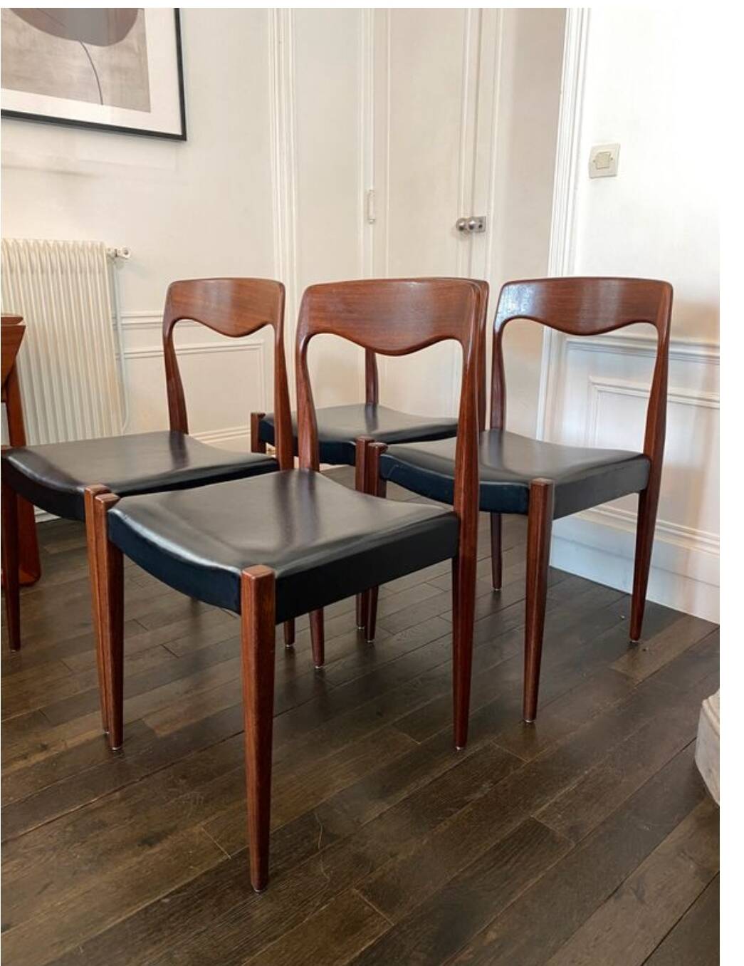 Set of 4 vintage designer chairs in teak and black skai 60's